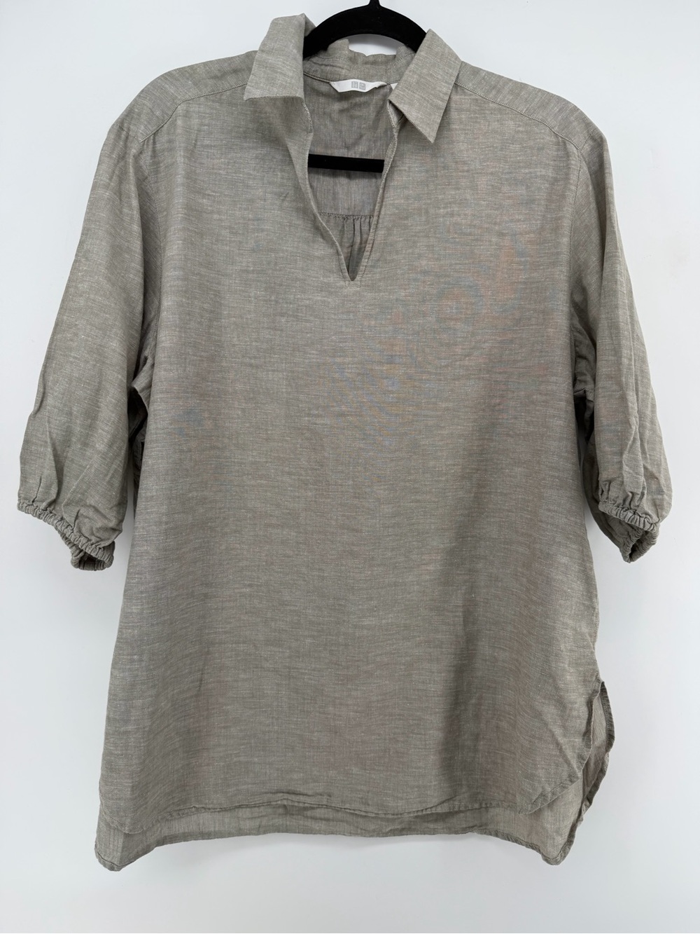 UNIQLO Cotton Linen Blend Skipper Collar Blouse 3/4 Sleeve Gray Taupe Large